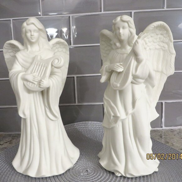 BEAUTIFUL! Porcelain Bisque Ceramicic Angel Candlestickck Set - Picture 1 of 7
